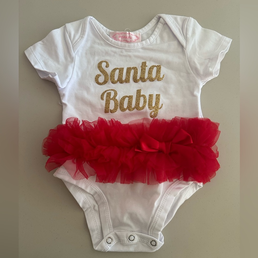 Popatu White Onesie with Red Tutu and Gold 'Santa Baby'